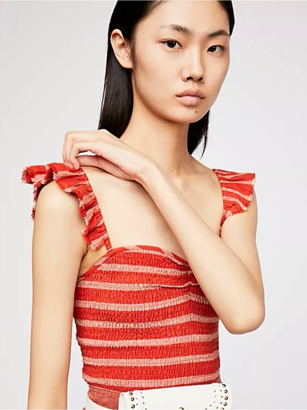 Free People Red and Coral Smocked Ruffle-Strap Tank